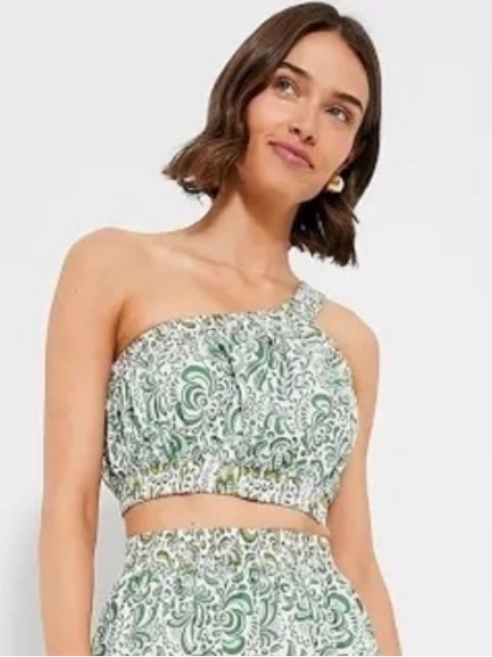 Hyacinth House Gina One Shoulder Crop Top Green Floral Cotton Size XXS New